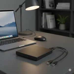 USB External DVD CD Burner Writer Drive, 24X High Speed Plug and Play, Compatible with Laptop Desktop PC Windows Mac OS, Portable Shockproof, Dual Cable Power Supply.