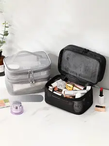 Double-Layer Mesh Makeup Bag, Large Capacity Zipper Cosmetic Organizer, Handheld Wash Bag for Cosmetics Classification, Travel Cosmetic Bags