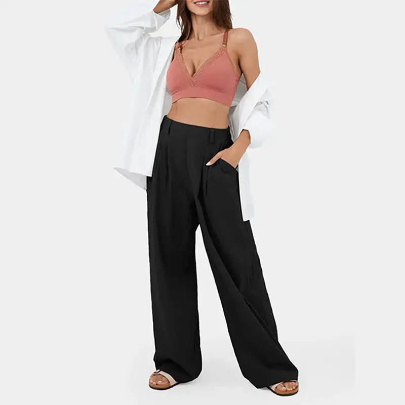 YESFASHION Women's Crinkle Linen-Look Rayon Pants, High Waisted Baggy Wide Leg Trousers with Slit Pockets, Summer Beach Loungewear, Elegant XYZ