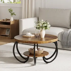 Garvee Round Coffee Table, 2 Tier Coffee Table for Living Room, Circle Wood Accent Center Tables with Open Storage Industrial Design