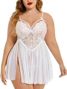 Plus Size Lingerie Lace Babydoll Womens Strap Chemise Nightgown V Neck Nighty Mesh Sleepwear Side Slit Nightdress Oversized
