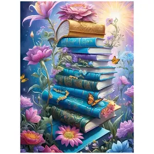 Multiple sizes available including square and round diamonds. This 5D DIY diamond painting set diamond art embroidery kit handmade furniture decor holiday birthday art personalized gift. Stack of magic books with flowers and butterflies wall art