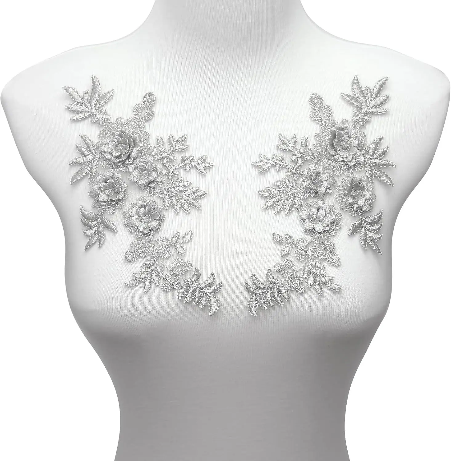 3D Flower Embroidery Lace Applique Floral Vintage Embroidered Lace Appliques DIY Fabric Patch Accessory for Sewing Craft Wedding Dresses Gown Decor 1 Pair Gray