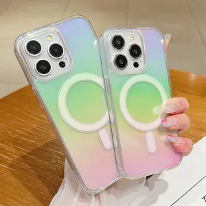 Rainbow Gradient Magnetic For Magsafe Case For iPhone 16 15 14 13 12 11 Pro Max 16 Plus 13 12 Mini Wireless Charging Clear Cover Screen Protector Protection Protective Casing Cellphone Smartphone Shockproof