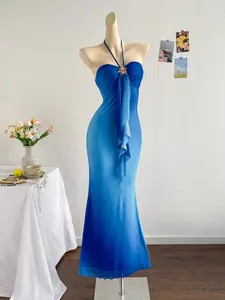 Women's Summer Blue Gradient Mesh Dress, Metal Flower Decoration, Elegant Party Date Wear, Front Ribbon Design, Stylish Evening Gown