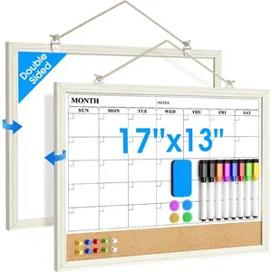 Calendar Whiteboard for Wall, 17 x 13 Inch Double Sided Monthly Calendar Whiteboard with Cork Board Strip,  Dry Erase Board with Wooden Frame for Kitchen and  Office Planning