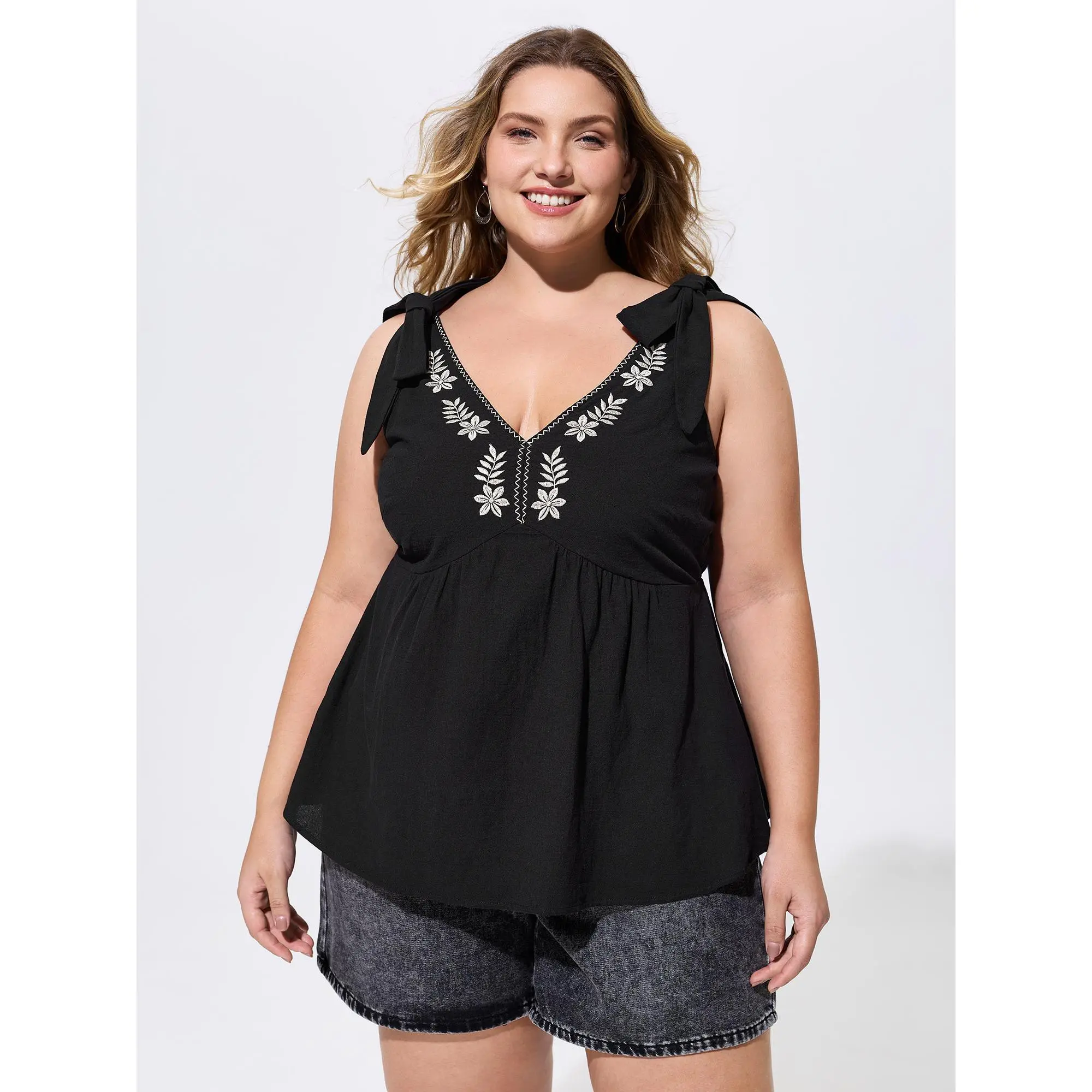 BloomChic Women's Plus Size Embroidered Tank Top, Boho Cotton Sleeveless Cami with Ethnic Floral Print and Shoulder Ties, Smooth, Fabric, Garment