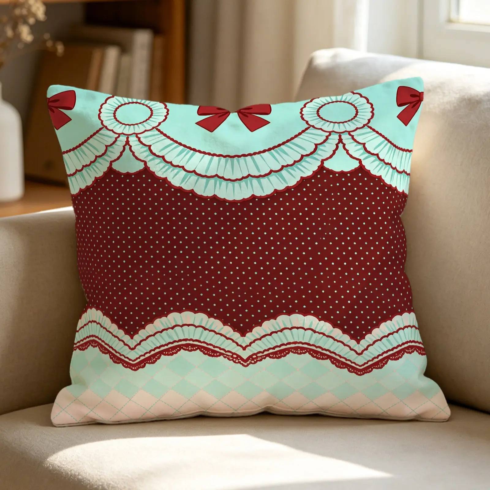 Retro Coquette Bow Print Throw Pillow, Includes Pillow Core Cushion, Vintage Lace & Polka Dot Accent Pillow, Soft Plush Decorative Pillow for Girls Teens Bedroom, Sofa, Couch, Aesthetic Kawaii Home Decor, Square Pillow for Living Room & Gifts