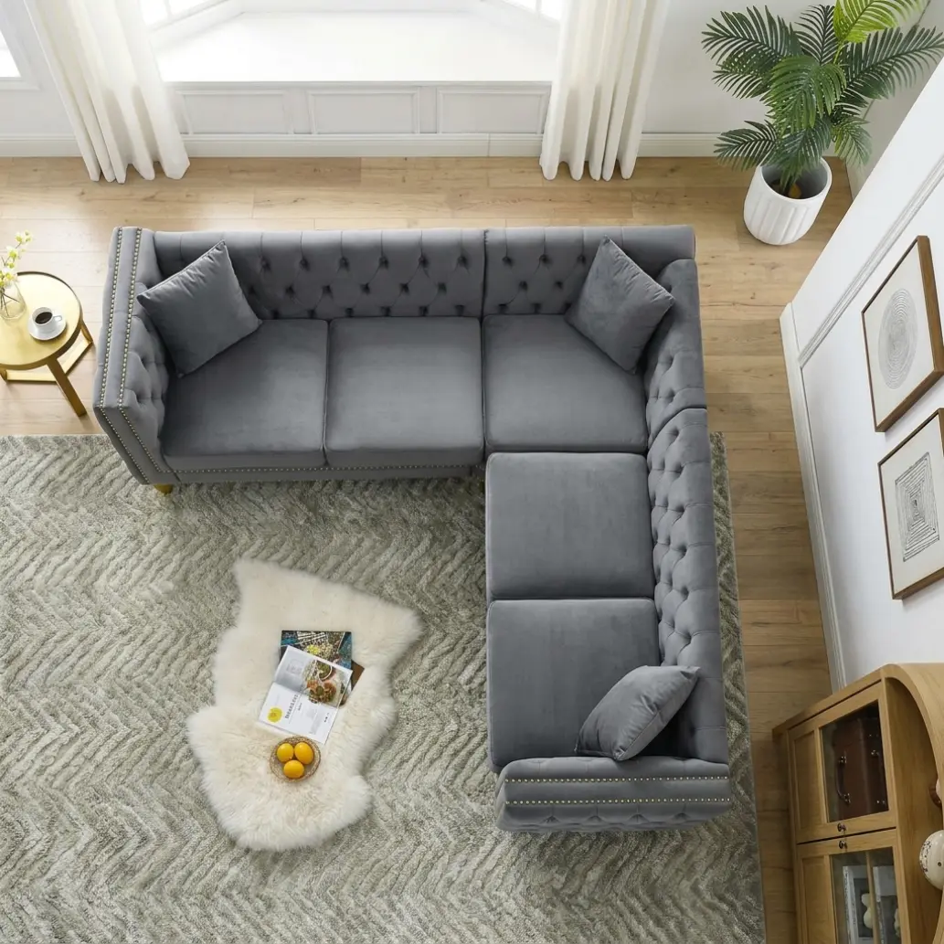 Chesterfield L-Shaped Sofa Sectional Couch, 5-Seat Sturdy Velvet Corner Sofa with Tufted Buttons, Nailhead Trim, Soft Foam Cushions, Cotton Accents, Plastic Hardware, 82.2 in, 250 lbs/Seat Capacity, Assembly Required for Living Room, Sectional Sofa
