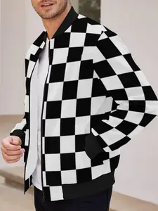 Men's Regular Fit Checkerboard Print Zip Up Jacket, Casual Long Sleeve Baseball Collar Outerwear for Daily Wear, Fashion Men's Clothes for All Seasons