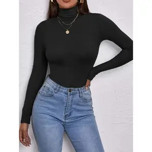 Women's Knit Longsleeve Tshirt - Solid Slim Turtleneck Bottoming Top, Soft Comfortable Fabric, Layering-Friendly, Fall-Winter Casual Everyday Wear, Ideal Women's Gift