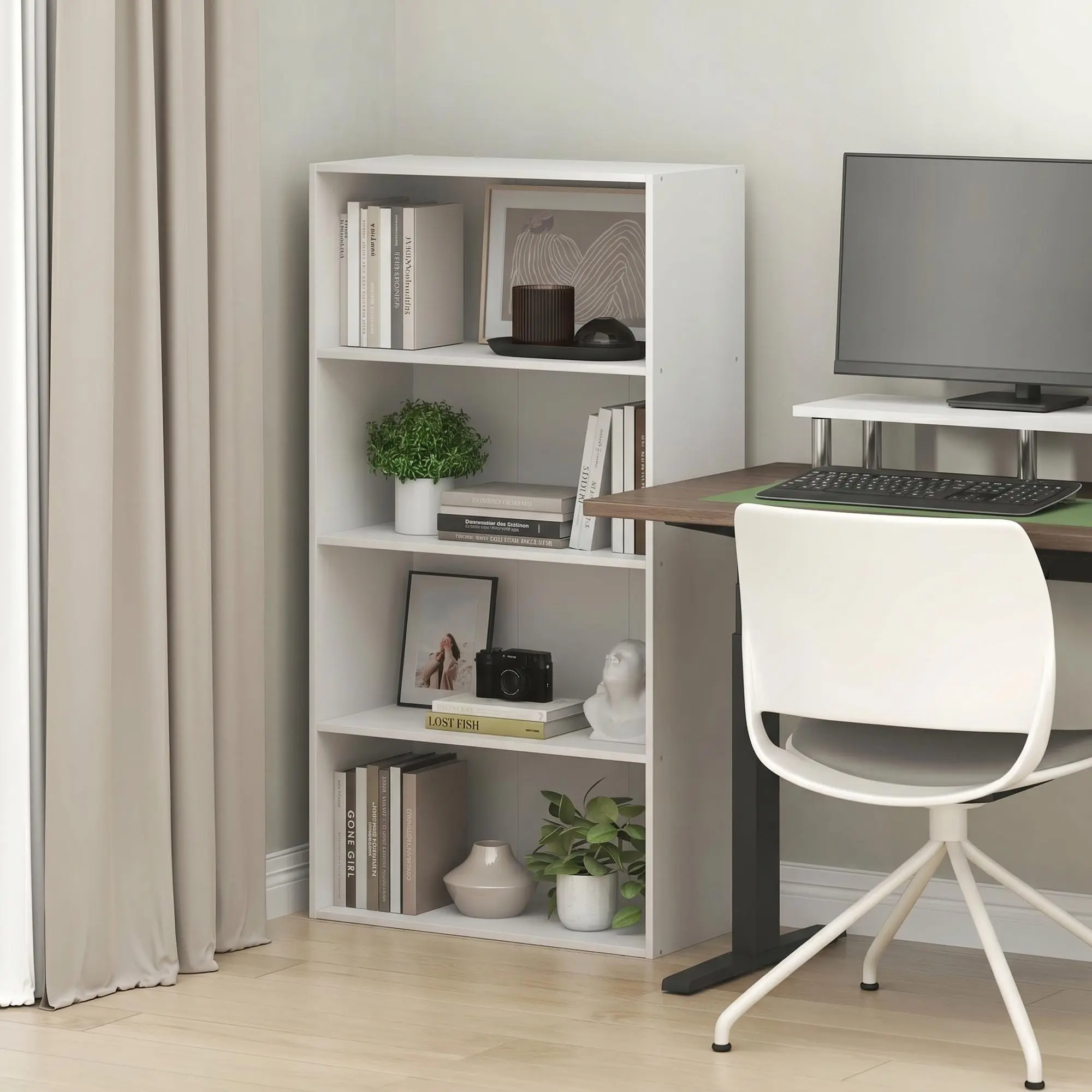 PASIR 4-Tier Rectangular Open Shelves Bookcase, Single Unit Indoor Furniture Room Divider, 11.1x24.6x46.9in Space-Saving White Small Home Organization Piece for Living Room, Home Office