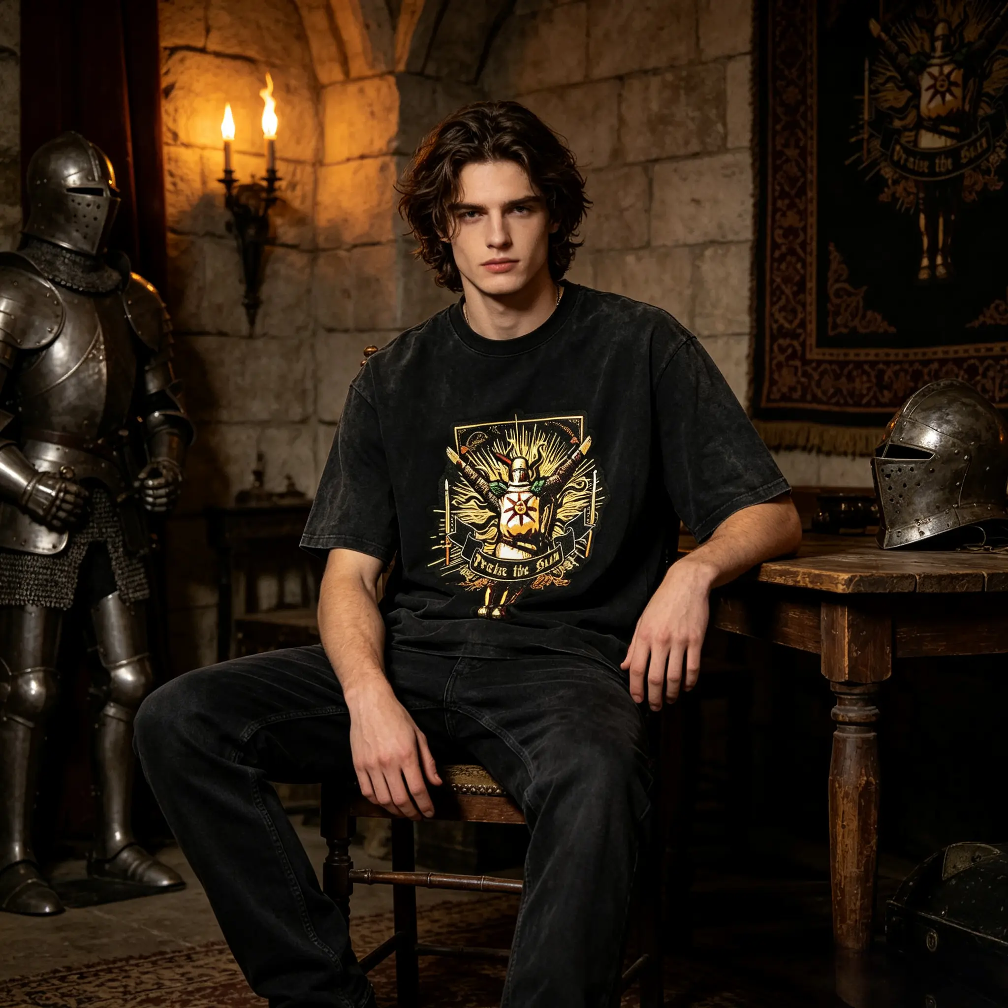 Menswear Round Neck Short-Sleeve Cotton Crew Neck Top - Unisex Retro Golden Armored Knight Dark Fantasy Graphic Loose Casual Streetwear Tee, Domestic Medieval Style Gift, Tops, Shortsleeve