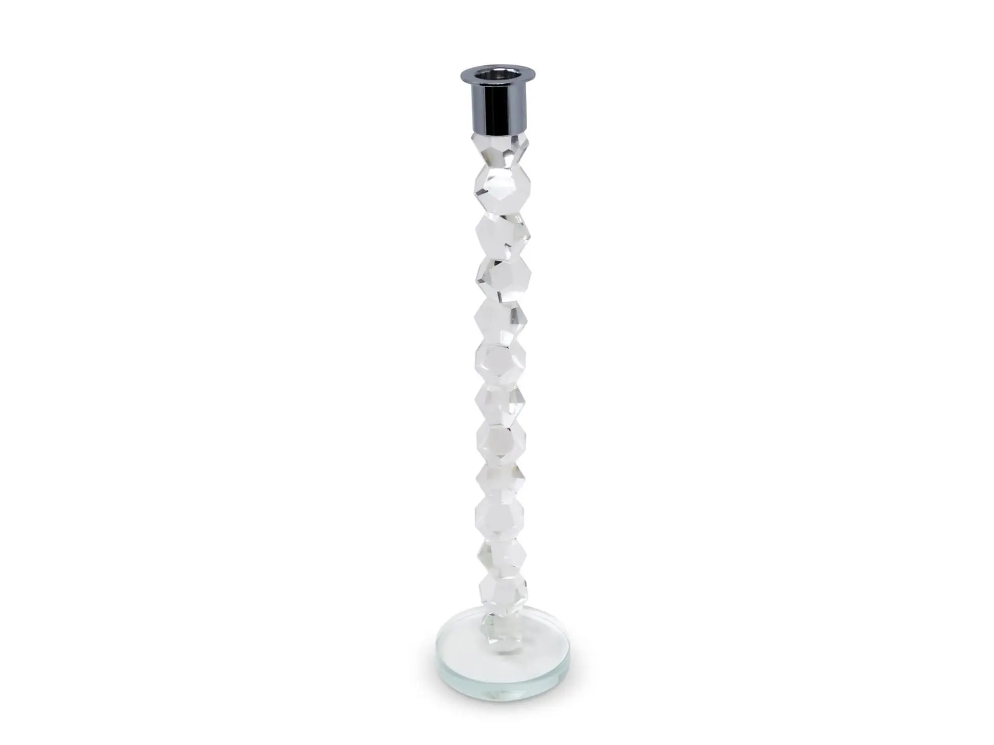 212 MAIN 590225 Model Single 14 in. Silver Geometric Crystal Stacking Modern Tabletop Taper Candle Holder - Decorative, Dressy Engagement Gift, Home Room Decor Supply