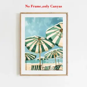Vintage Beach Sky Sage Blue Umbrella Wall Art Print, European Coast Club Canvas Painting, Living Room & Bedroom Decor Gift Idea