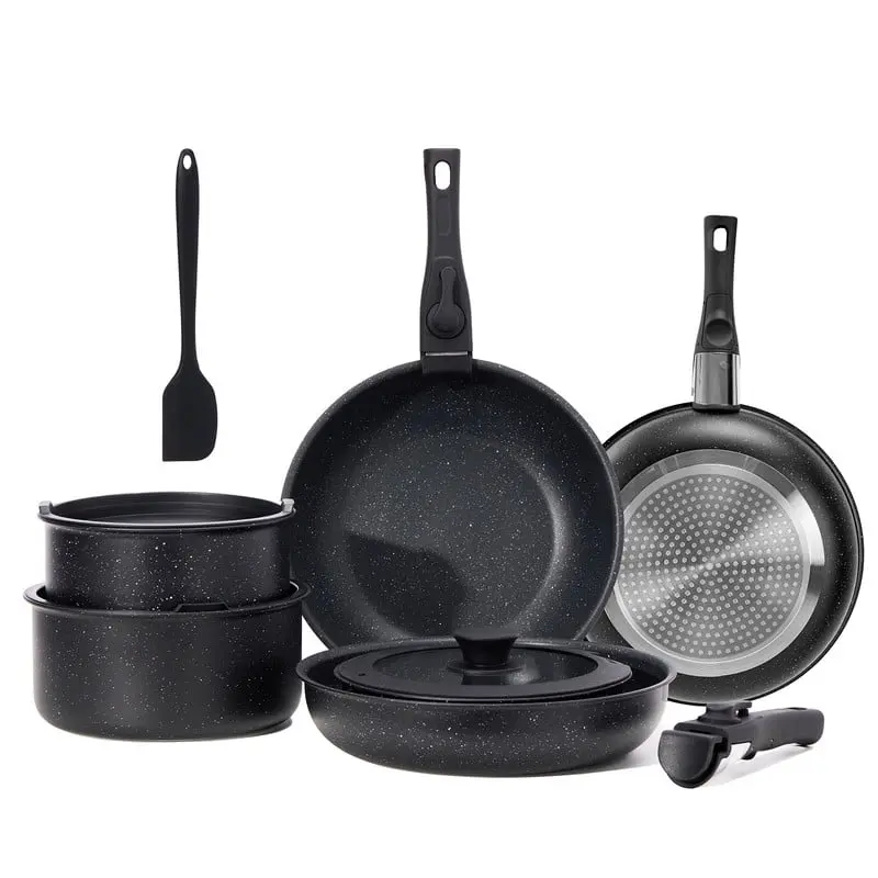 Gianna 12 Pcs Non-Stick Cookware Set, Pots and Pans Set, with Spatula & Detachable Handle for Kitchen, Black