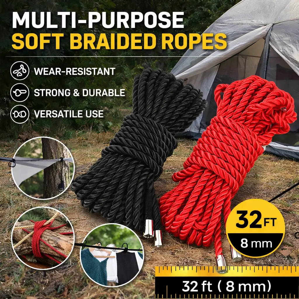 8mm 32FT Heavy-Duty Twist Braid Satin Silk Rope - Anti-Fray Ends, Cut-to-Size Specialty Kitchen Utensil Accessory, Easy to Coil & Store for DIY Gifts, Crafts, Fixing