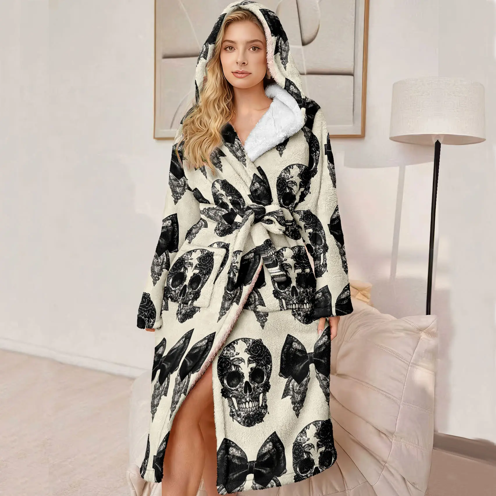 Women's Hooded Bathrobe, Soft Plush Long Robe, Puffy Women's Bathrobe, Skull Bowknot Pattern, Gift for Mother and Wife, Soft Bathrobe Sleepwear