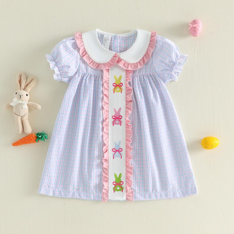 Emmababy Kids Baby Girls Dress Easter Clothes Rabbit Embroidered Plaid Short Sleeve Casual Dress Toddler Princess Dress 1-6 Years