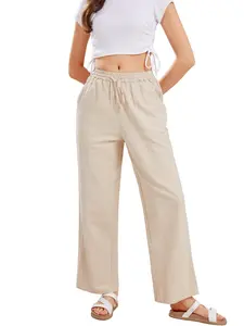 【New Arrival】Ebossy Women's Khaki Cotton Linen Palazzo Pants with Drawstring Waist Wide Leg Loose Fit for Beach Yoga & Casual Outing Wideleg Minimalist