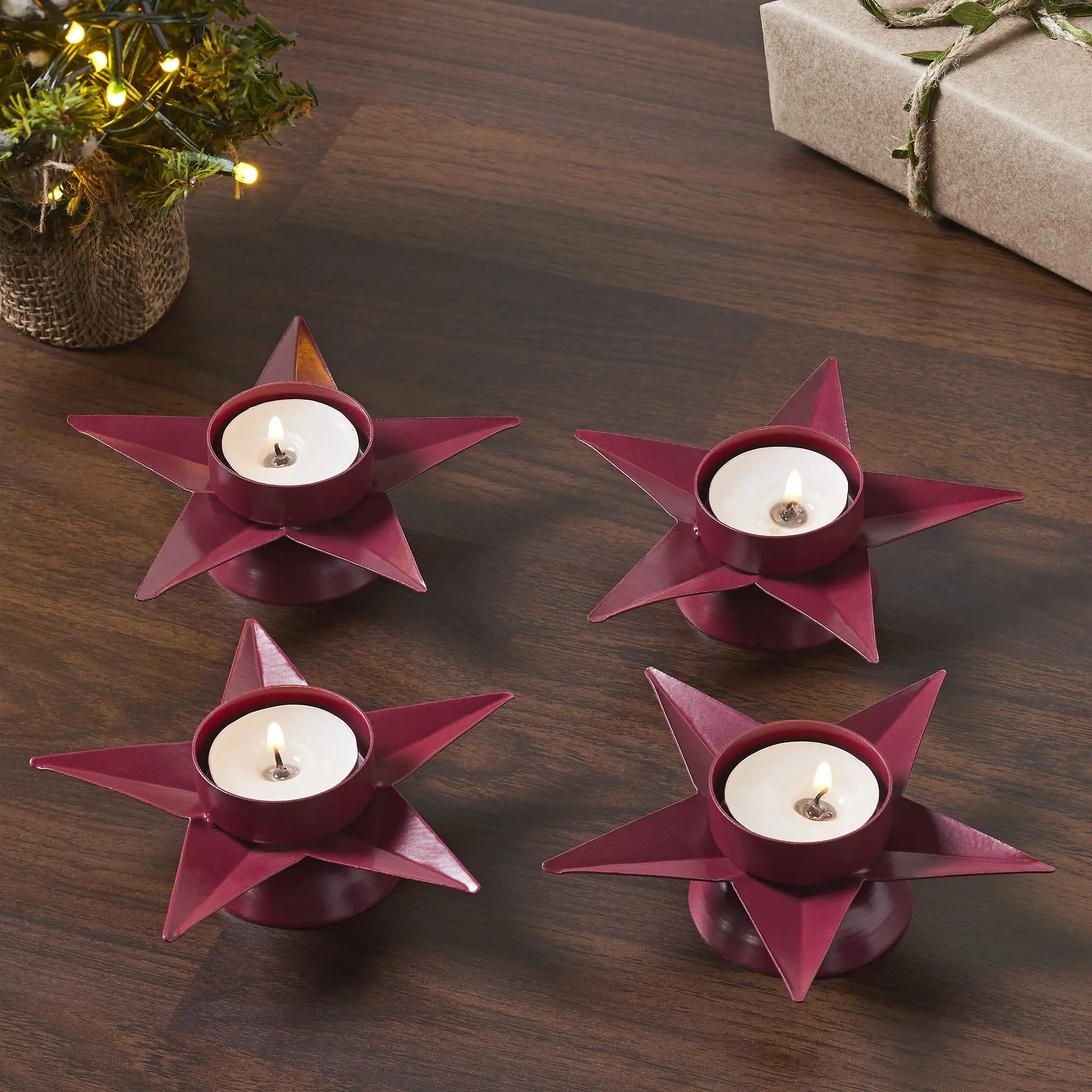 Metal Star Tealight Holder, Burgundy, Set of 4 - Kitchen & Home Decor Candle Holder for Home Supplies