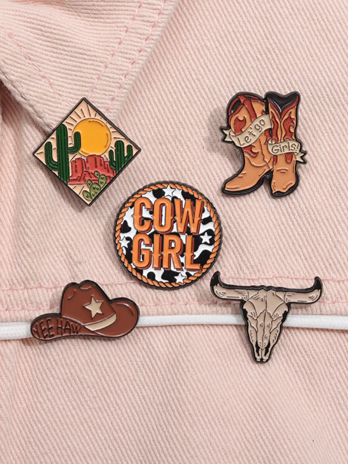 5 Piece Western Cowboy Style Enamel Brooch Set, Hat Boots Skull Yee Haw Desert Cactus Sunset Retro Alloy Pin, Fashion Accessories, Enamel Lapel Pins