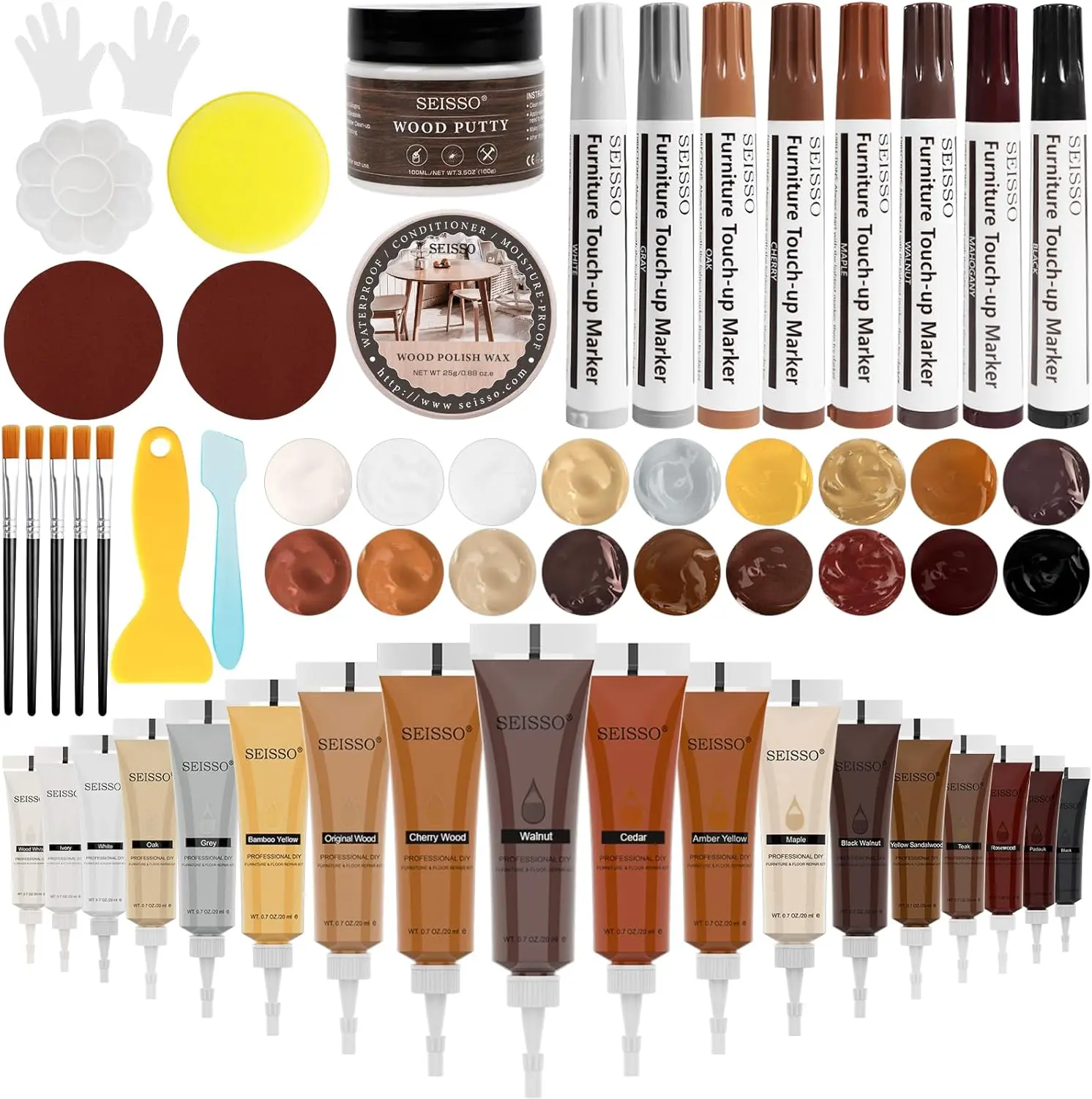 Wood Furniture Repair Kit- 40 Sets, Wood Fillers Hardwood Laminate Repair Kit Oak Walnut, Wood Putty Touch Up Kit- Cover Wood Scratches, Stains, Holes for Table, Door, Veneer, Cherry