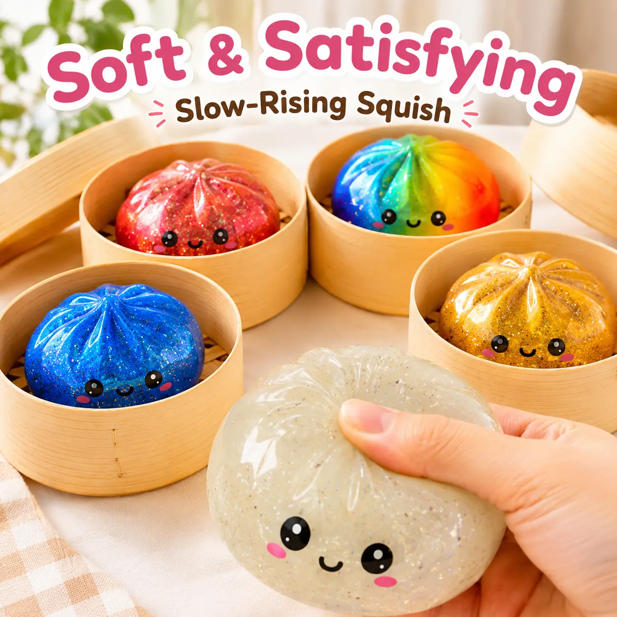 Cute Squishies Mom Glitter Dumpling Toy with Steamer, Soft TPR Squeeze Fidget Stuffed Bun Dumpling, Classic Novelty Stress Relief Desk Toy for Kids