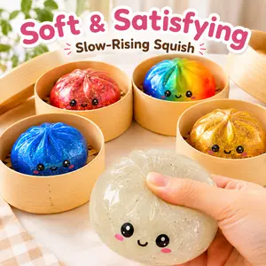 Glitter Dumpling Squishy Toy with Bamboo Steamer, Cute Soft Squeeze Fidget Toy, Kawaii Desk Gift for Kids, Teens & Adults