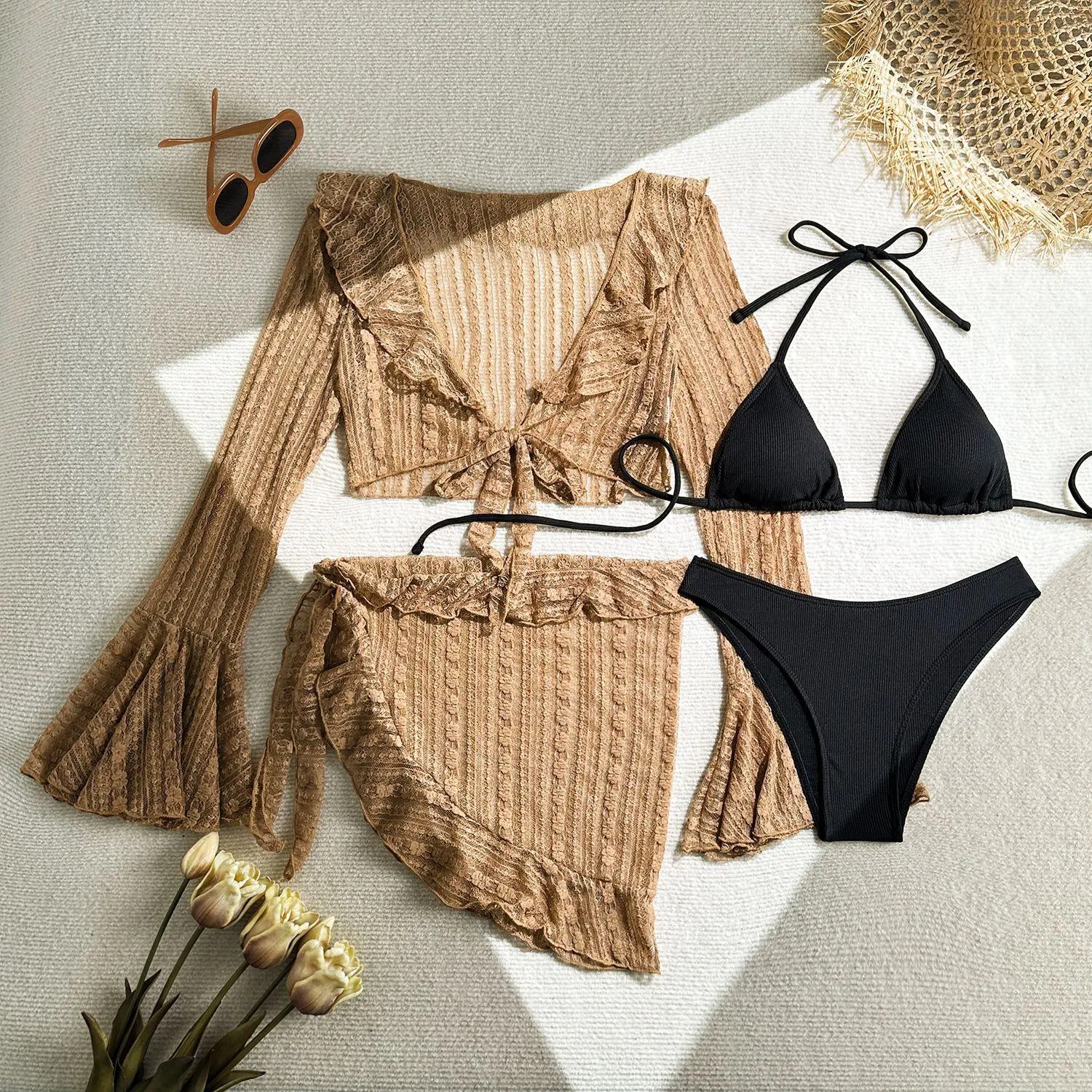 2025 New Women's 4-Piece Polyester Lace Mesh Textured Tie Back Beach Swimsuit Set - Quick-Drying, Backless, Cut-Split Top, Solid Color, Swimsuit Sets, Textured Bikini Sets