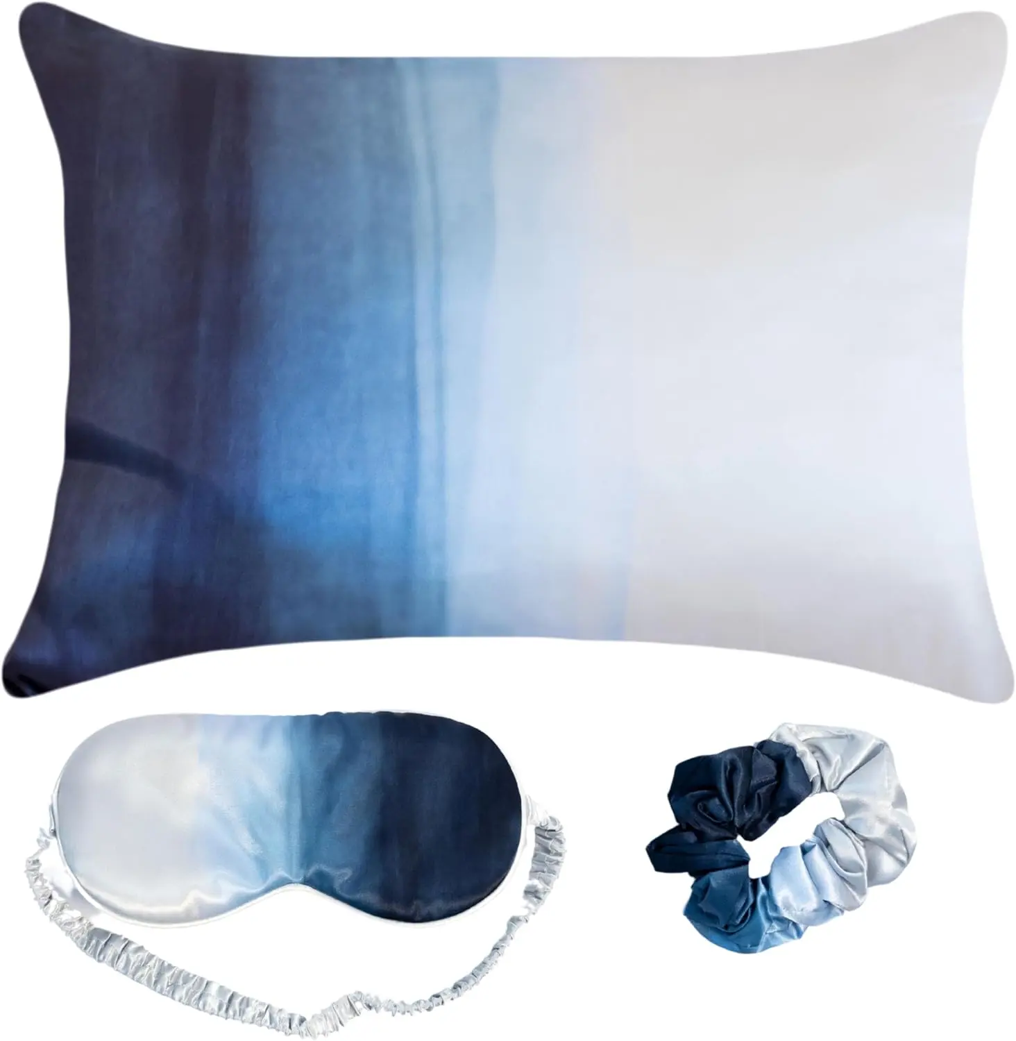 Luxury Satin Pillowcase  Set  Includes Eye Mask & Scrunchie, Pure Vegan Silk for Hair &  Care, Elegant Blue Ombre Design, Standard Size,  for Mom, Daughter, Girlfriend!