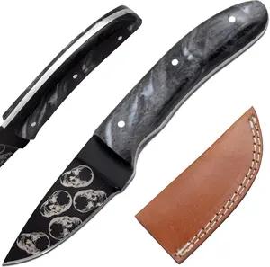 Old Ram 6.5" Black Finish Skulls Printed Fixed Blade Skinner Knife, Handmade with Leather Carrying Case