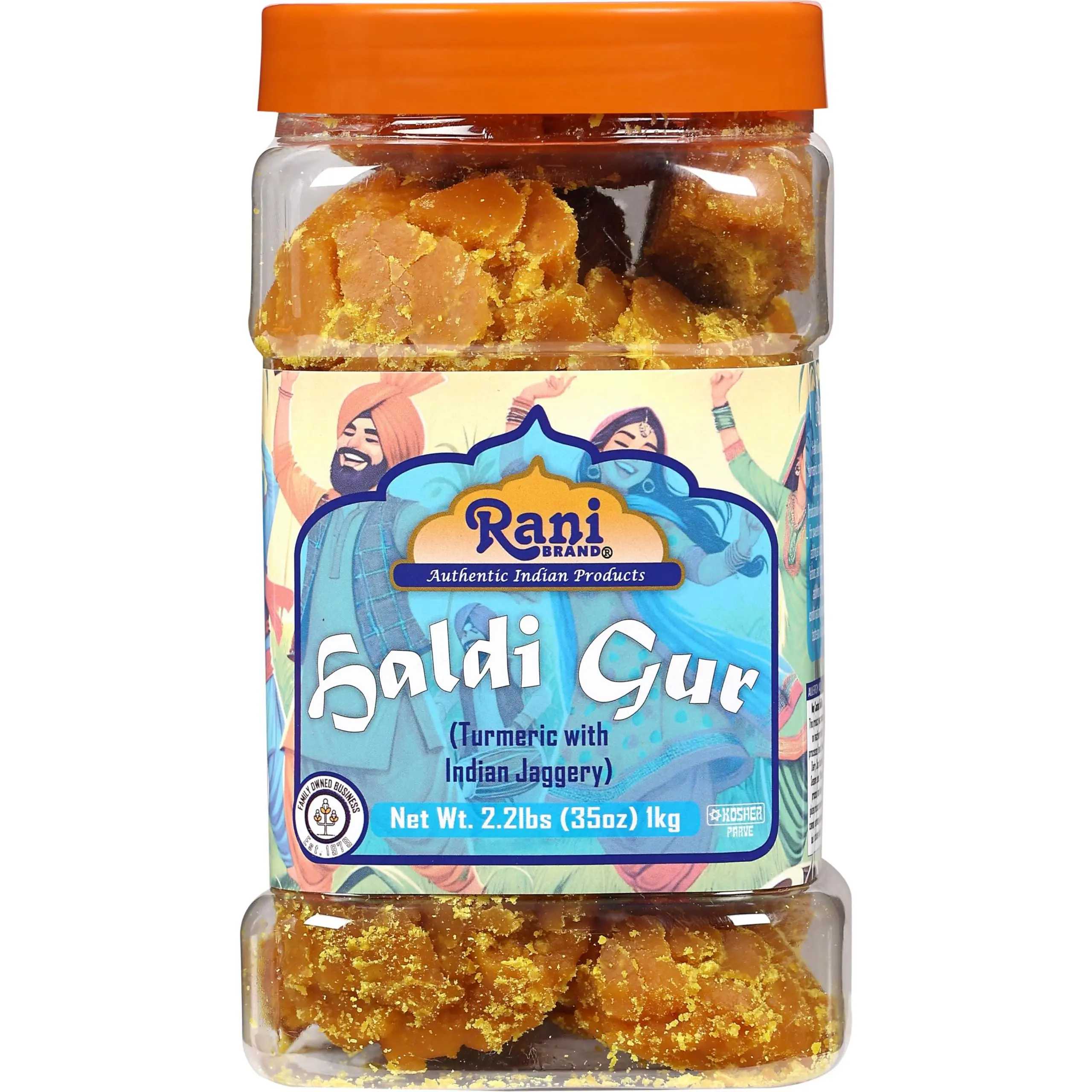 Rani Haldi Gur (Turmeric with Indian Jaggery) Indian Unrefined Raw Cane Sugar 35oz (2.2lbs) 1kg PET Jar ~ Gluten Friendly | Vegan | NON-GMO | Kosher | No Salt or fillers | Indian Product