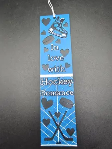 Hockey Romance Bookmark - Blue Design with Heart Shapes and Hockey Equipment - In Love with Hockey Romance Theme