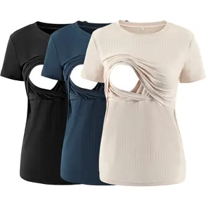 Ecavus| Women's Maternity Nursing Tops Rib Short Sleeve Breastfeeding Shirts Maternity Clothes 3-Pack Maternityclothes
