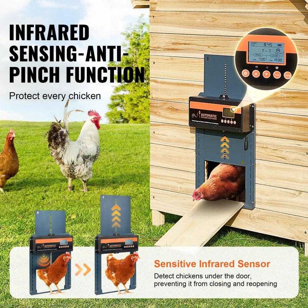 Automatic Chicken Coop Door, Auto Chicken Door Opener with Timer & Light Sensor Aluminum Chicken Coops Door with Remote Control and LCD screen, 4 Modes Opening, Battery or DC Powered