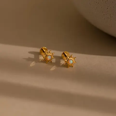 Opal Sun Flat Back Studs by Caitlyn Minimalist - Dainty Celestial Stud Earrings in Gold & Silver - Opal Jewelry - Best Friend Gift