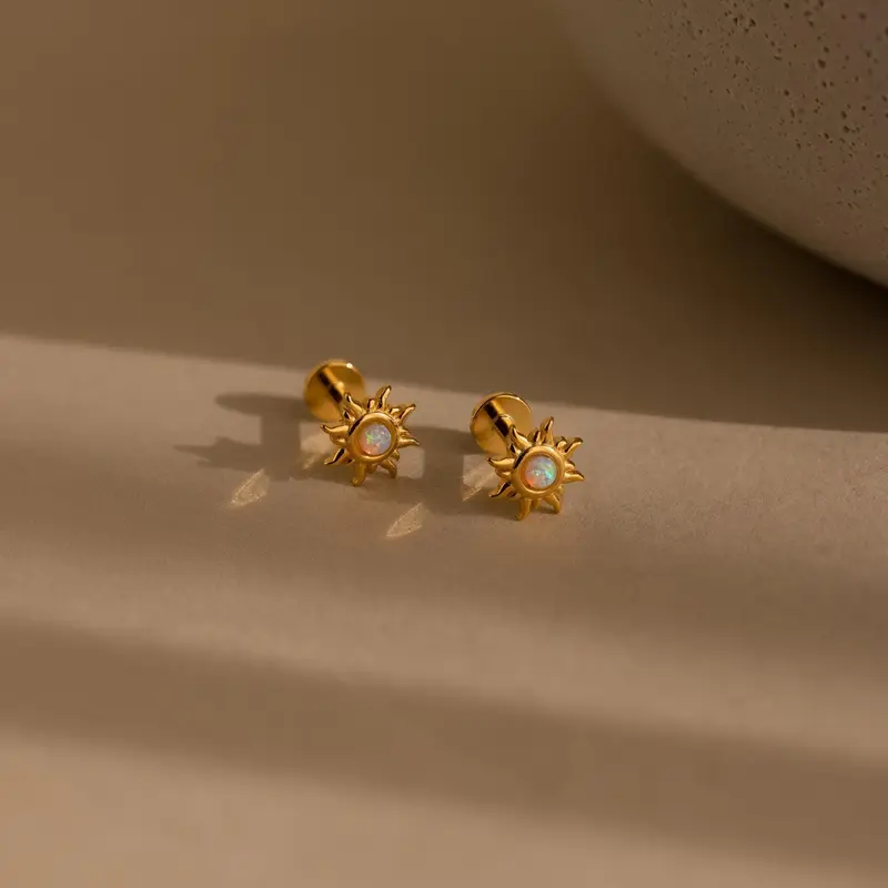 Opal Sun Flat Back Studs by Caitlyn Minimalist - Dainty Celestial Stud Earrings in Gold & Silver - Opal Jewelry - Best Friend Gift