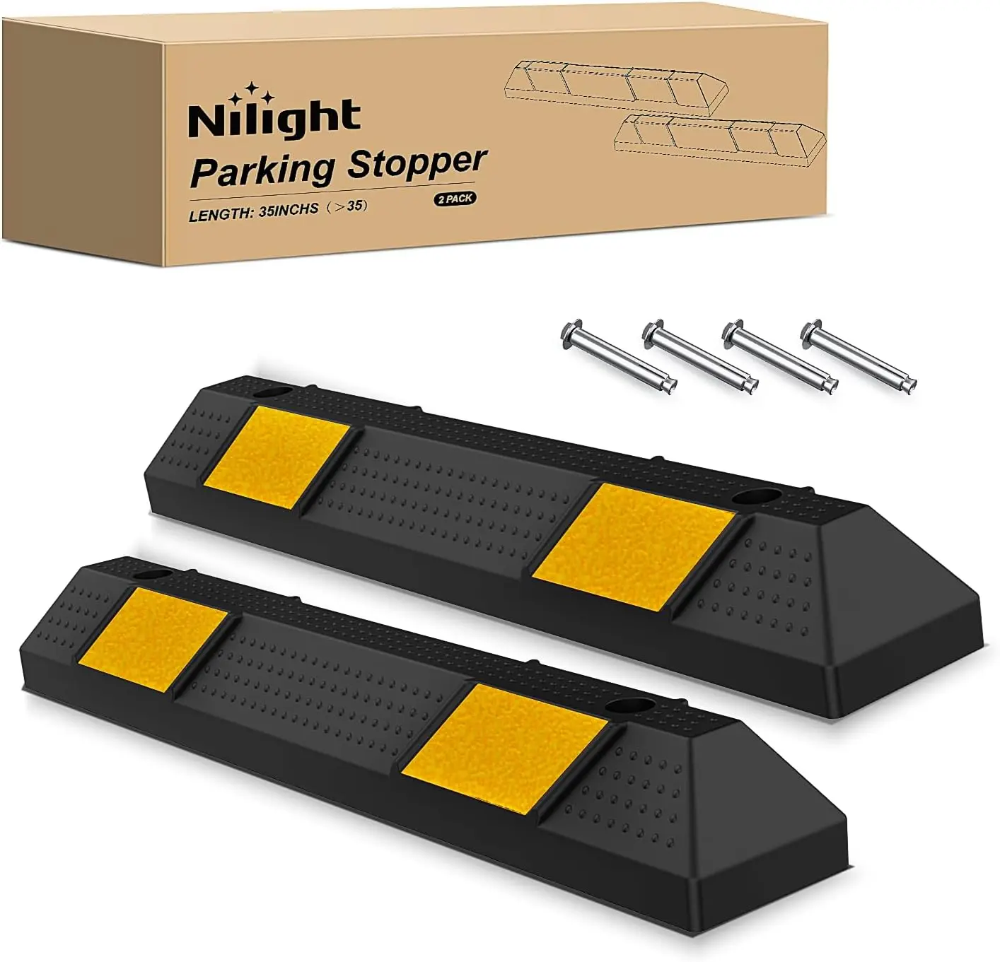 Nilight 36-Inch Industrial Rubber Parking Curb Barrier 2-Pack - Heavy-Use, Impact-Absorbing Garage Parking Aid with Control for Cars, SUVs, Trucks, Driveways