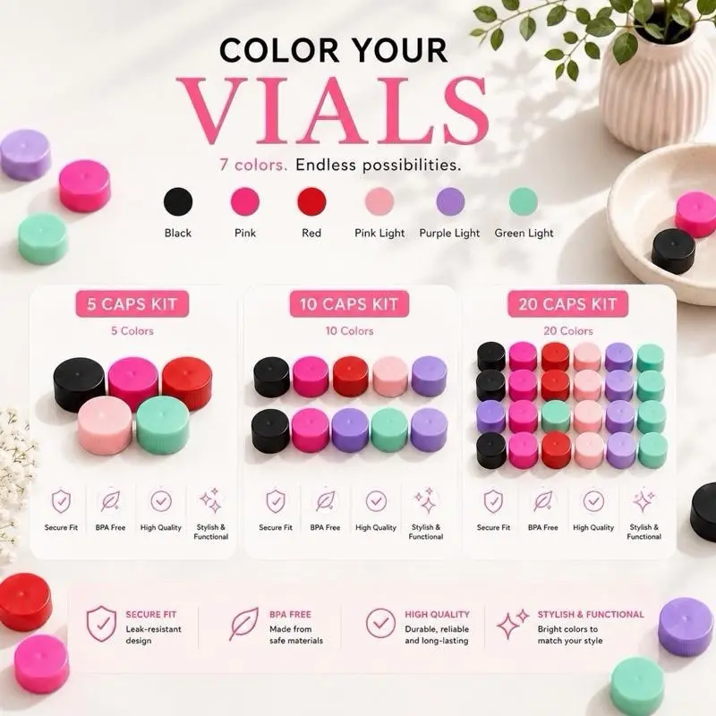 Color Vial Caps for 3ml, 5ml, 10ml & 30ml Glass Vials | Replacement Caps | Silicone Vial Lids | Color Coding Caps | Multiple Colors