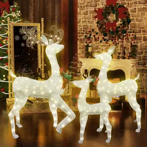 Lamerge Lighted Reindeer Family Set of 3, Light up Christmas Decoration Deer with 230 LED Lights, Red Bow and Ground Stakes, Indoor or Outdoor Christmas Holiday Decoration for Yards Lawn Patio, White Ornaments