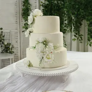 18" Rustic Wooden Cake Stand – Antique White Pedestal with Beaded Edge, Cupcake Display or Wood Slice Tray