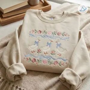 Vintage Goose Embroidered Sweatshirt, Cottagecore Farm Animal Crewneck with Floral Bow Detail, Cute Retro Country Pullover for Women, Cozy Whimsical Gift