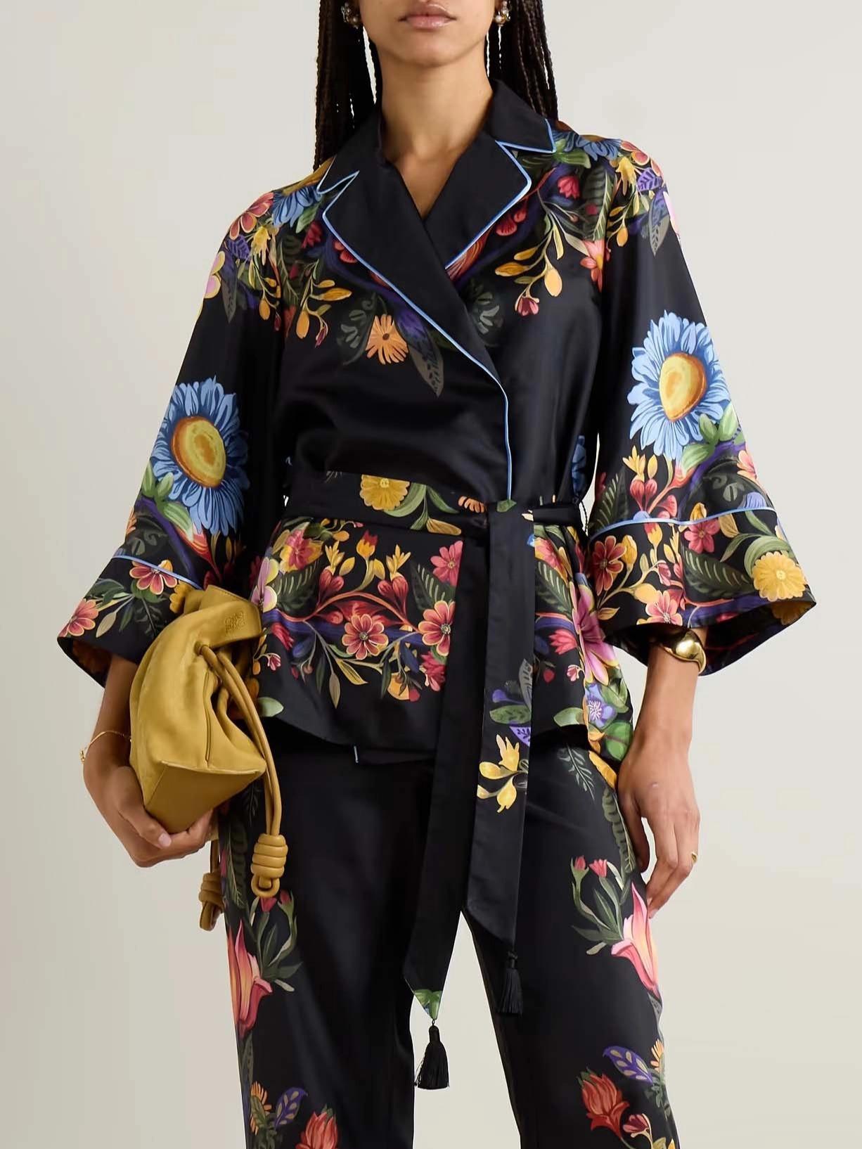 LikeMyChoice Exquisite Satin Floral Print Contrast Piping Wrap Lace-Up Sets for Women - Polyester Material, Reverse Collar, Middle Sleeve, Loose Style, Perfect for Vacation & Daily Wear Chic Piece Shirt Womenswear