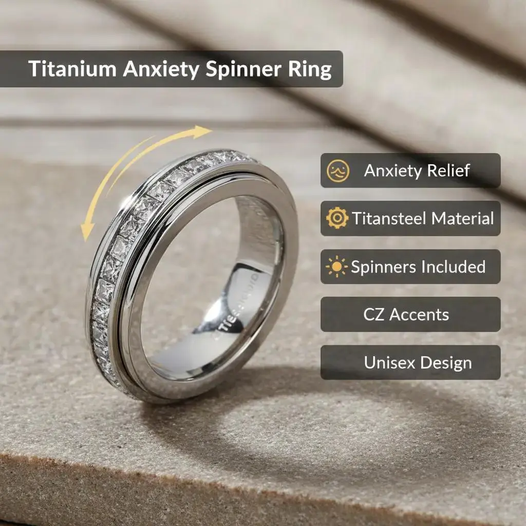 Anxiety Rings for Women - Titanium Steel Spinner Fidget Band with Sparkling CZ, Spinning Mechanism, Luxury Look, Everyday Wear, Comfort Fit Sizes 5-12 for Stress Relief, Wedding Promise, Unisex Size, Anxiety Relief, Hanukkah, Casual, 5 To 12