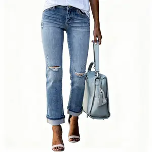 Women's Ripped Jeans Straight Leg Distressed Boyfriend Denim Pants Stretchy Ripped Button-Flap Jeans