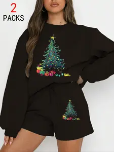 Women's Fashion Street Style Two-Piece Set, Christmas Tree Pattern Long Sleeve Top & Elastic Shorts, Casual Fit for Outdoor Activities