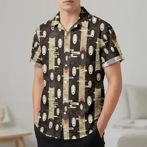 Studio Ghibli Spirited Away No-Face Pattern Hawaiian Shirt - Unique Vertical Stripe & Mask Print Aloha Shirt - Stylish Short Sleeve Button Up for Anime Fans, Summer & Casual Resort Wear