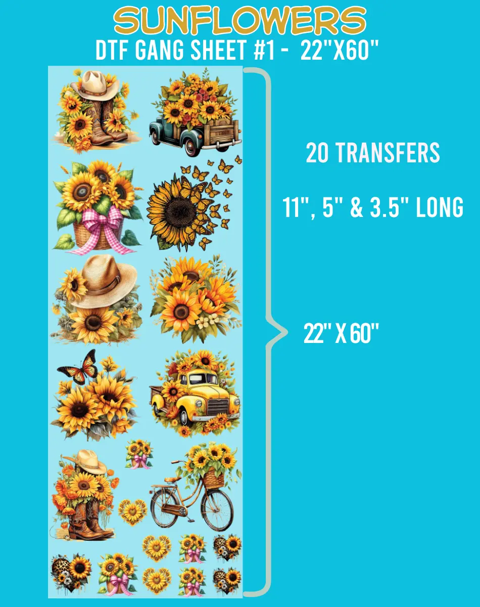 Sunflowers DTF Gang Sheet #1 - 22"x60" All Fabrics Compatible DIY Specialty Supply for Toys & Hobbies Projects, Durable, Stretchability