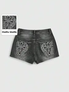 Y2K High-Waisted Cross Rivet Denim Shorts, Trendy Y2K Style, Plain Pattern, Perfect for Casual Wear, Unique Fashion Statement